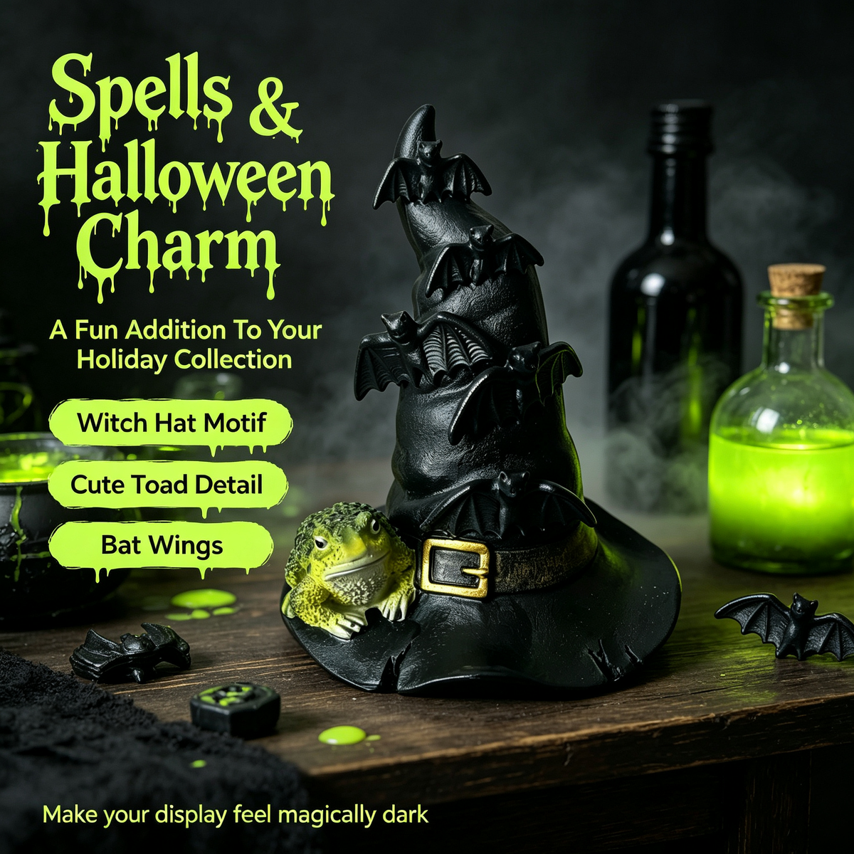 🦇 Halloween Witch Hat Resin Statue, Spooky Bat & Toad Tabletop Decor for Gothic Home Party