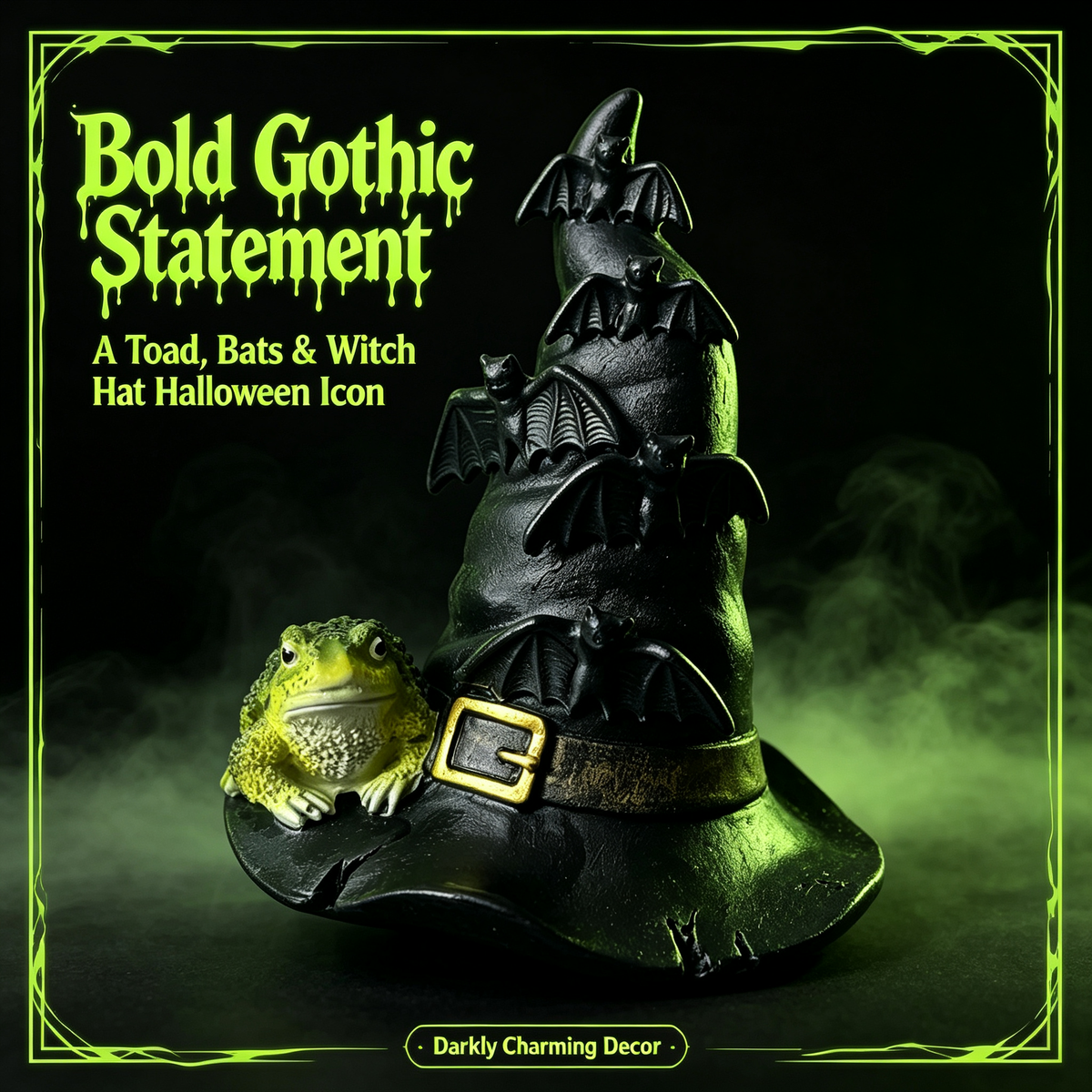 🦇 Halloween Witch Hat Resin Statue, Spooky Bat & Toad Tabletop Decor for Gothic Home Party