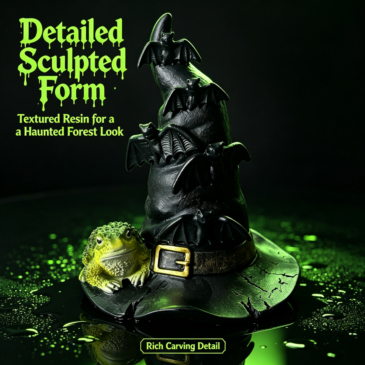 🦇 Halloween Witch Hat Resin Statue, Spooky Bat & Toad Tabletop Decor for Gothic Home Party