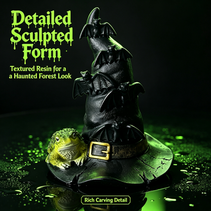 🦇 Halloween Witch Hat Resin Statue, Spooky Bat & Toad Tabletop Decor for Gothic Home Party