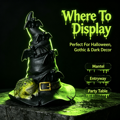 🦇 Halloween Witch Hat Resin Statue, Spooky Bat & Toad Tabletop Decor for Gothic Home Party