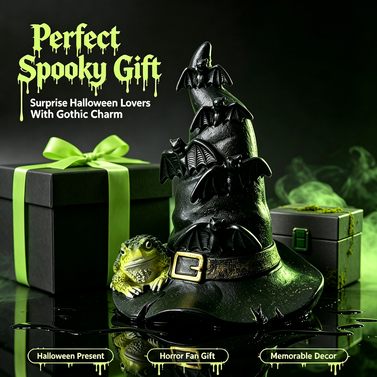 🦇 Halloween Witch Hat Resin Statue, Spooky Bat & Toad Tabletop Decor for Gothic Home Party