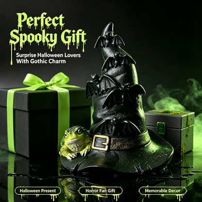 🦇 Halloween Witch Hat Resin Statue, Spooky Bat & Toad Tabletop Decor for Gothic Home Party