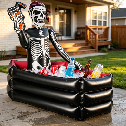 💀 Inflatable Skeleton Pirate Drink Cooler | Halloween Party Ice Bucket Float for Pool & Movie Night