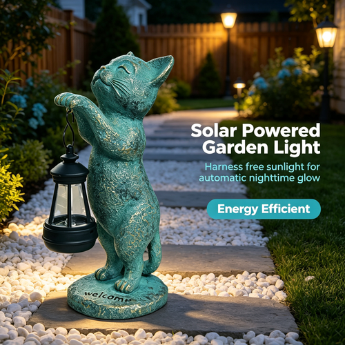 🐈 Solar Cat Statue Garden Decor 🏡 Waterproof Resin Kitten Figurine with Solar Lantern Outdoor Yard Porch Welcome Light