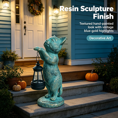 🐈 Solar Cat Statue Garden Decor 🏡 Waterproof Resin Kitten Figurine with Solar Lantern Outdoor Yard Porch Welcome Light