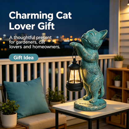 🐈 Solar Cat Statue Garden Decor 🏡 Waterproof Resin Kitten Figurine with Solar Lantern Outdoor Yard Porch Welcome Light