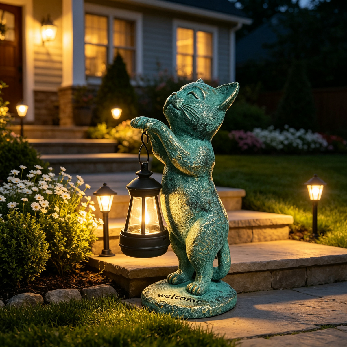 🐈 Solar Cat Statue Garden Decor 🏡 Waterproof Resin Kitten Figurine with Solar Lantern Outdoor Yard Porch Welcome Light