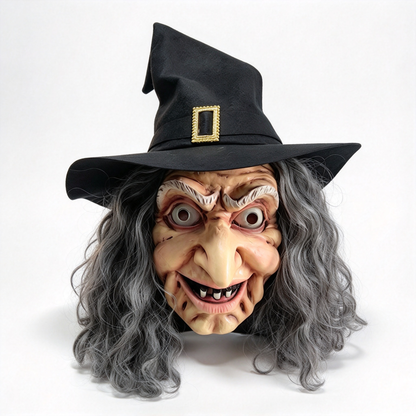 🎃 Halloween Scary Old Witch Mask with Hat & Grey Hair, Realistic Latex Full Head Mask for Cosplay Party Costume