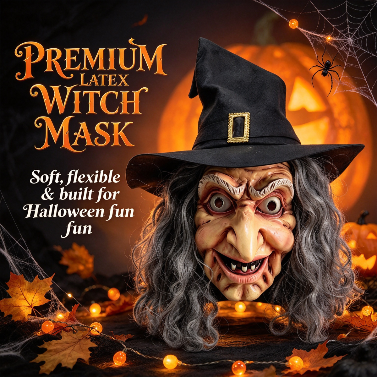 🎃 Halloween Scary Old Witch Mask with Hat & Grey Hair, Realistic Latex Full Head Mask for Cosplay Party Costume