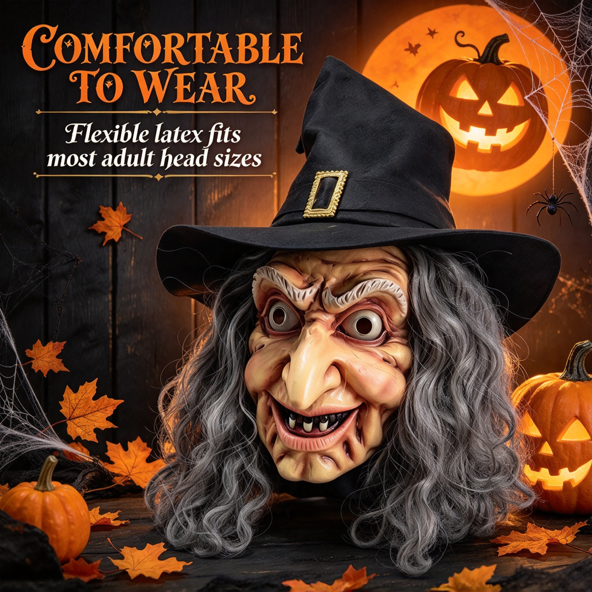 🎃 Halloween Scary Old Witch Mask with Hat & Grey Hair, Realistic Latex Full Head Mask for Cosplay Party Costume