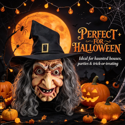 🎃 Halloween Scary Old Witch Mask with Hat & Grey Hair, Realistic Latex Full Head Mask for Cosplay Party Costume