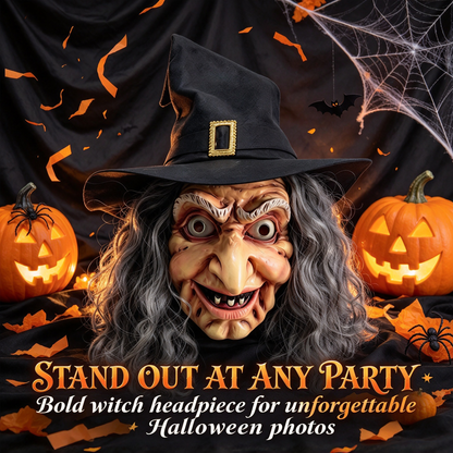 🎃 Halloween Scary Old Witch Mask with Hat & Grey Hair, Realistic Latex Full Head Mask for Cosplay Party Costume