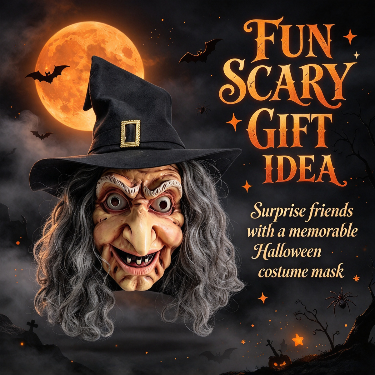 🎃 Halloween Scary Old Witch Mask with Hat & Grey Hair, Realistic Latex Full Head Mask for Cosplay Party Costume