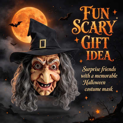 🎃 Halloween Scary Old Witch Mask with Hat & Grey Hair, Realistic Latex Full Head Mask for Cosplay Party Costume