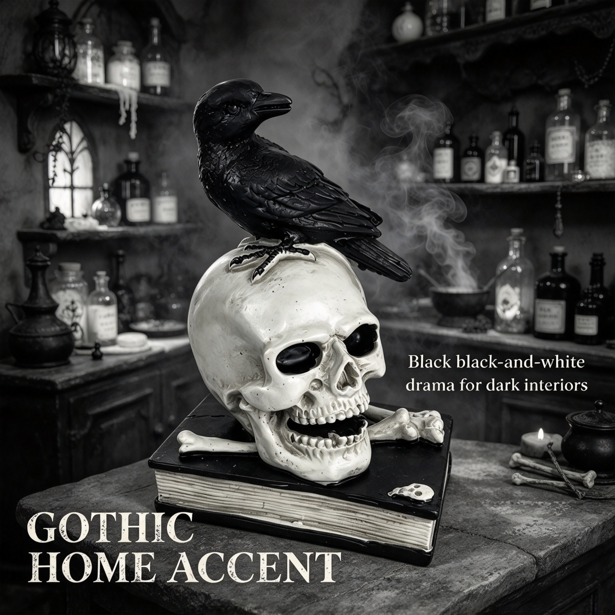 💀 Gothic Raven & Skull Resin Figurine Tabletop Ornament