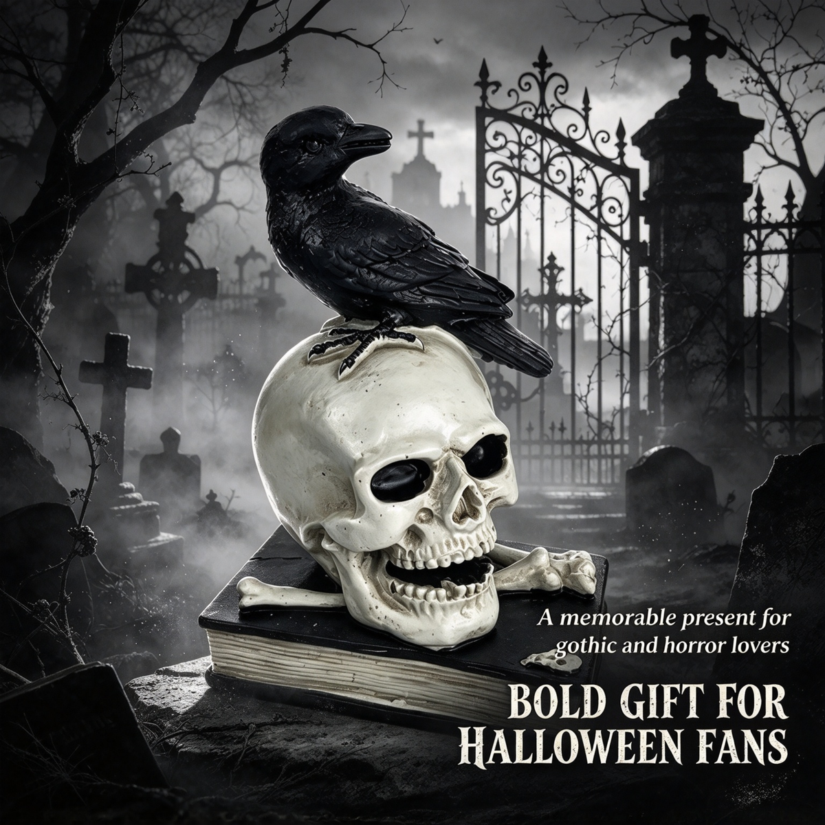 💀 Gothic Raven & Skull Resin Figurine Tabletop Ornament