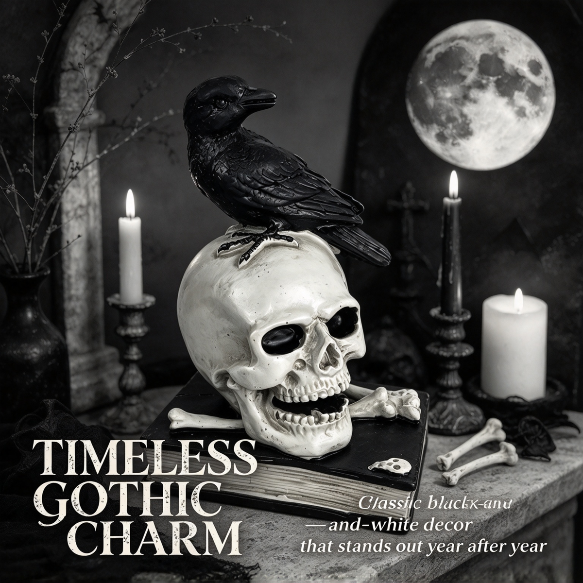💀 Gothic Raven & Skull Resin Figurine Tabletop Ornament