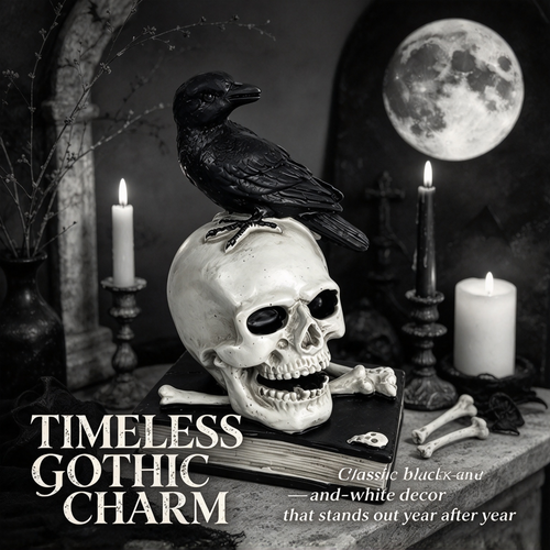 💀 Gothic Raven & Skull Resin Figurine Tabletop Ornament