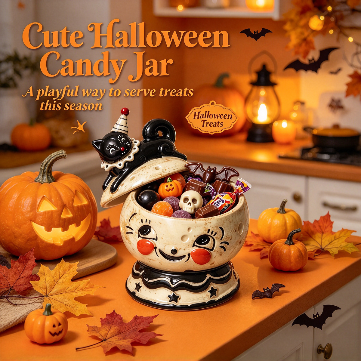 🎃Halloween Black Cat Ceramic Candy Jar | Retro Candy Bowl
