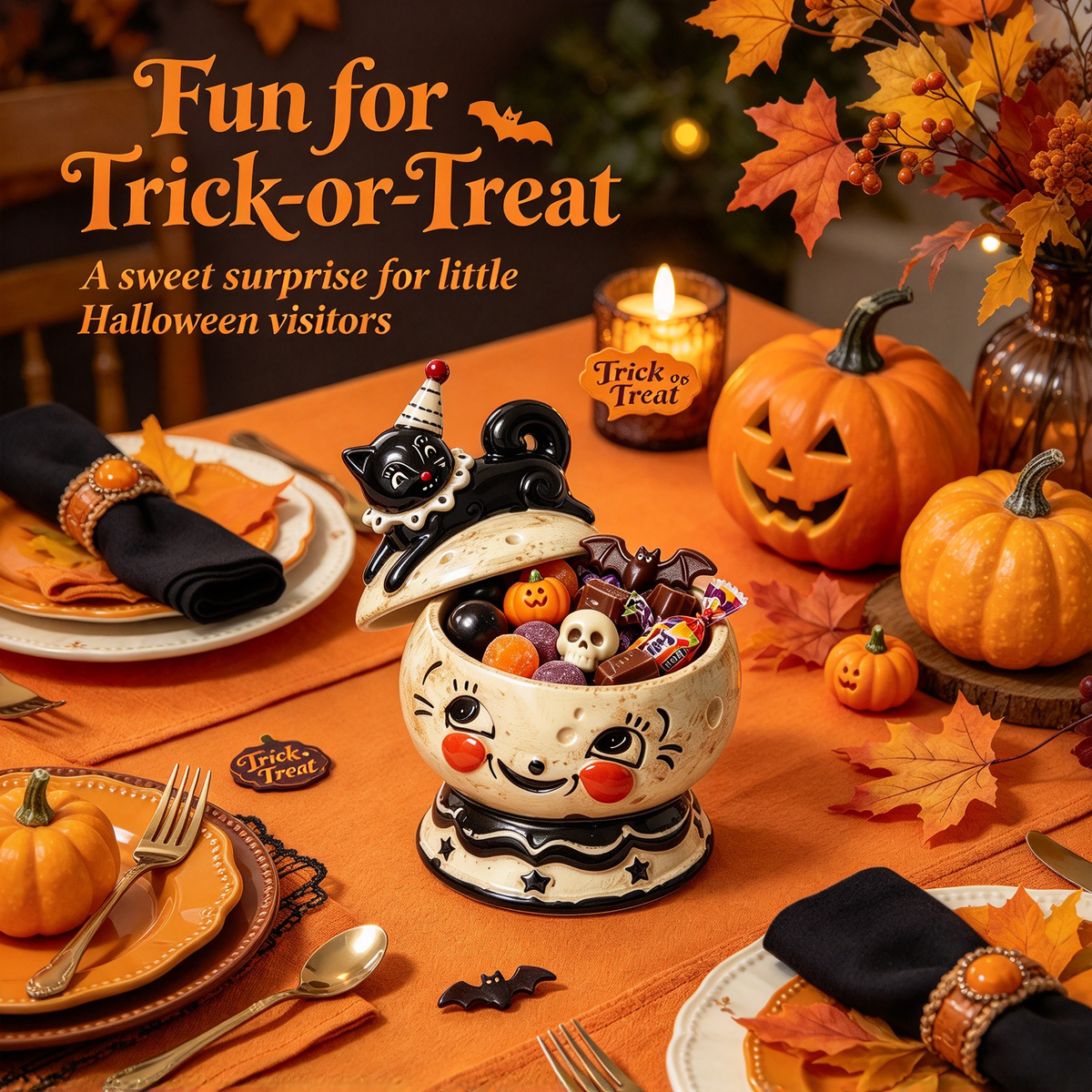 🎃Halloween Black Cat Ceramic Candy Jar | Retro Candy Bowl