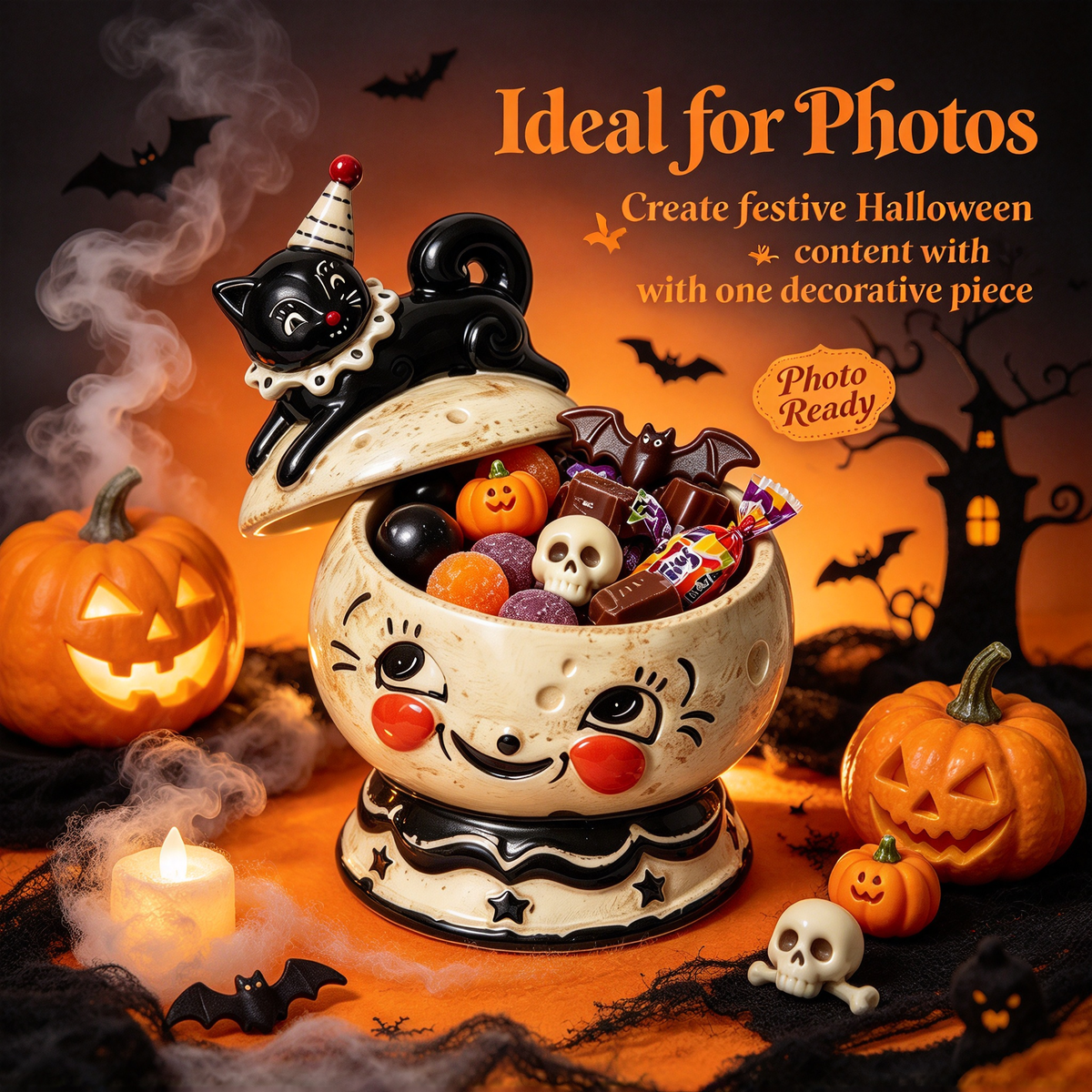 🎃Halloween Black Cat Ceramic Candy Jar | Retro Candy Bowl