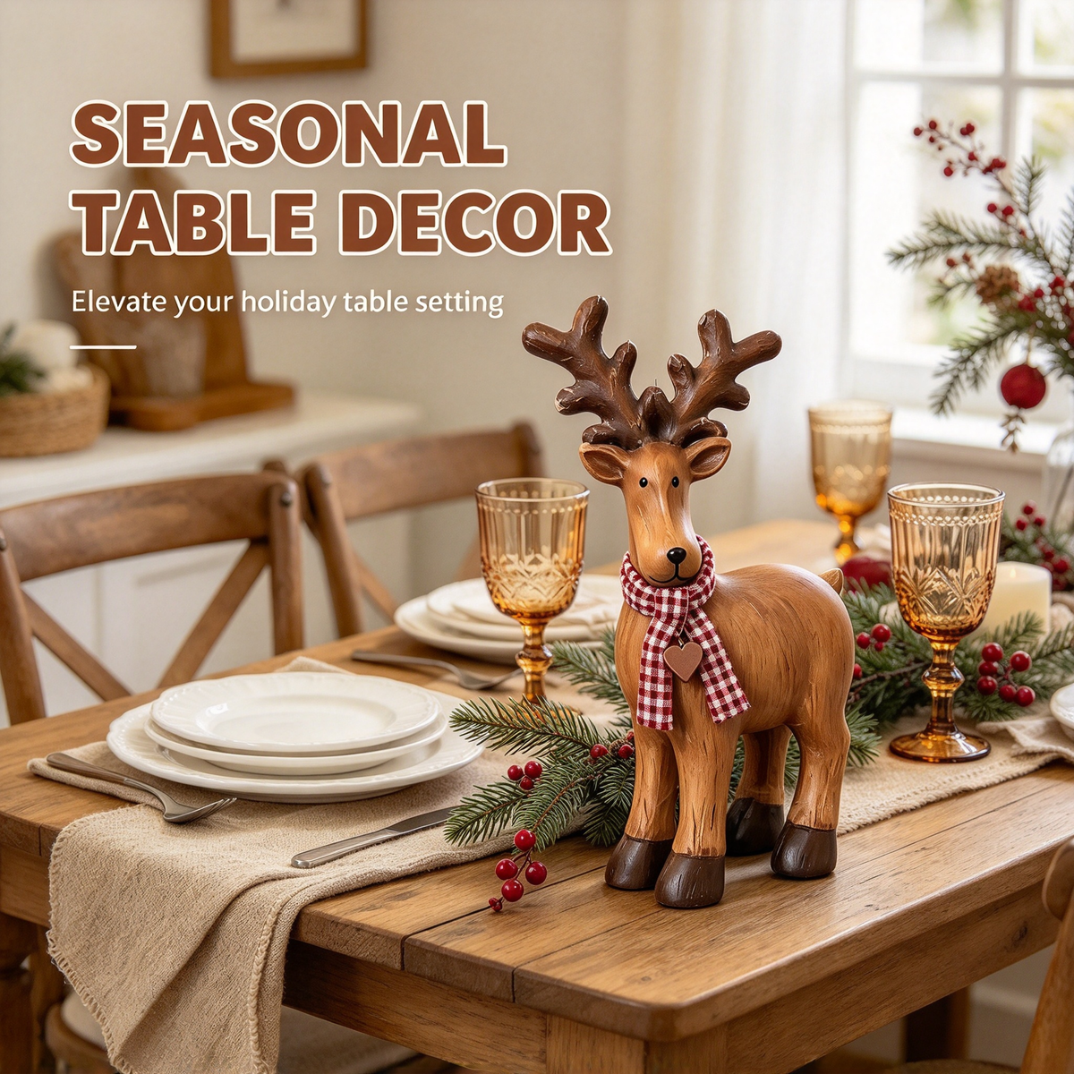 🦌 Solid Wood Christmas Reindeer Tabletop Decor