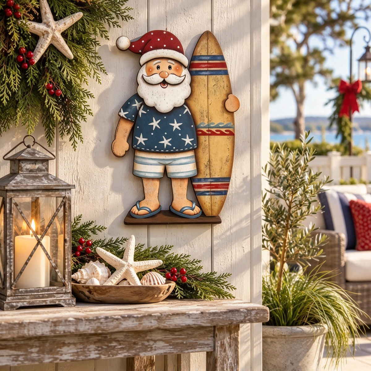 🌴 Beach Santa with Surfboard Wooden Christmas Sign