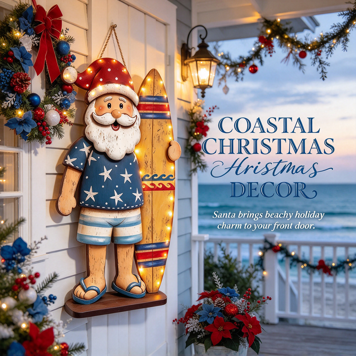 🌴 Beach Santa with Surfboard Wooden Christmas Sign
