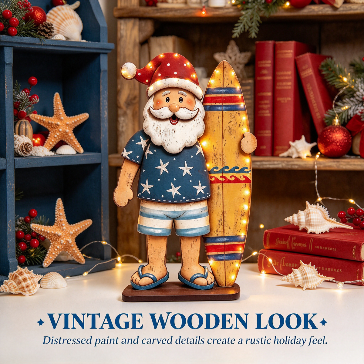 🌴 Beach Santa with Surfboard Wooden Christmas Sign