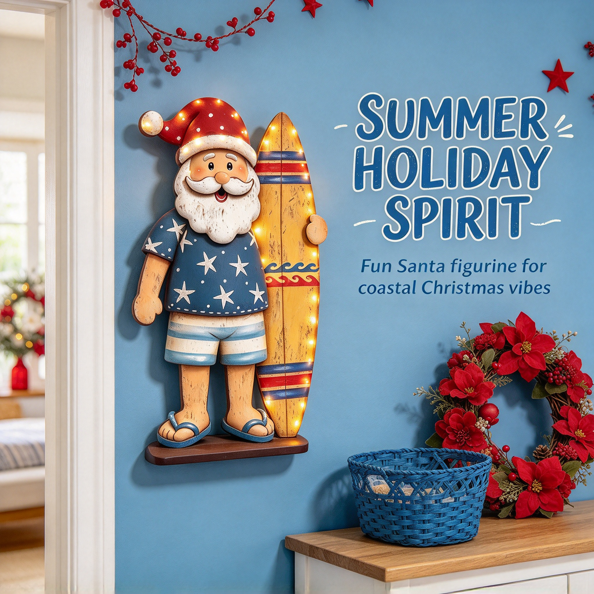 🌴 Beach Santa with Surfboard Wooden Christmas Sign