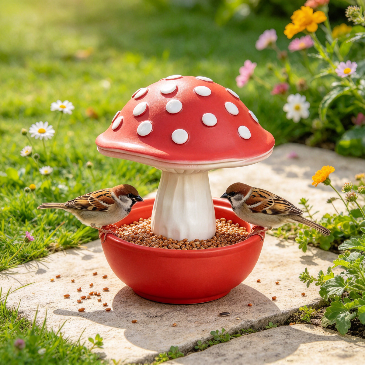 🍄 Mushroom Bird Feeder, Outdoor Garden Wild Bird Food Bowl