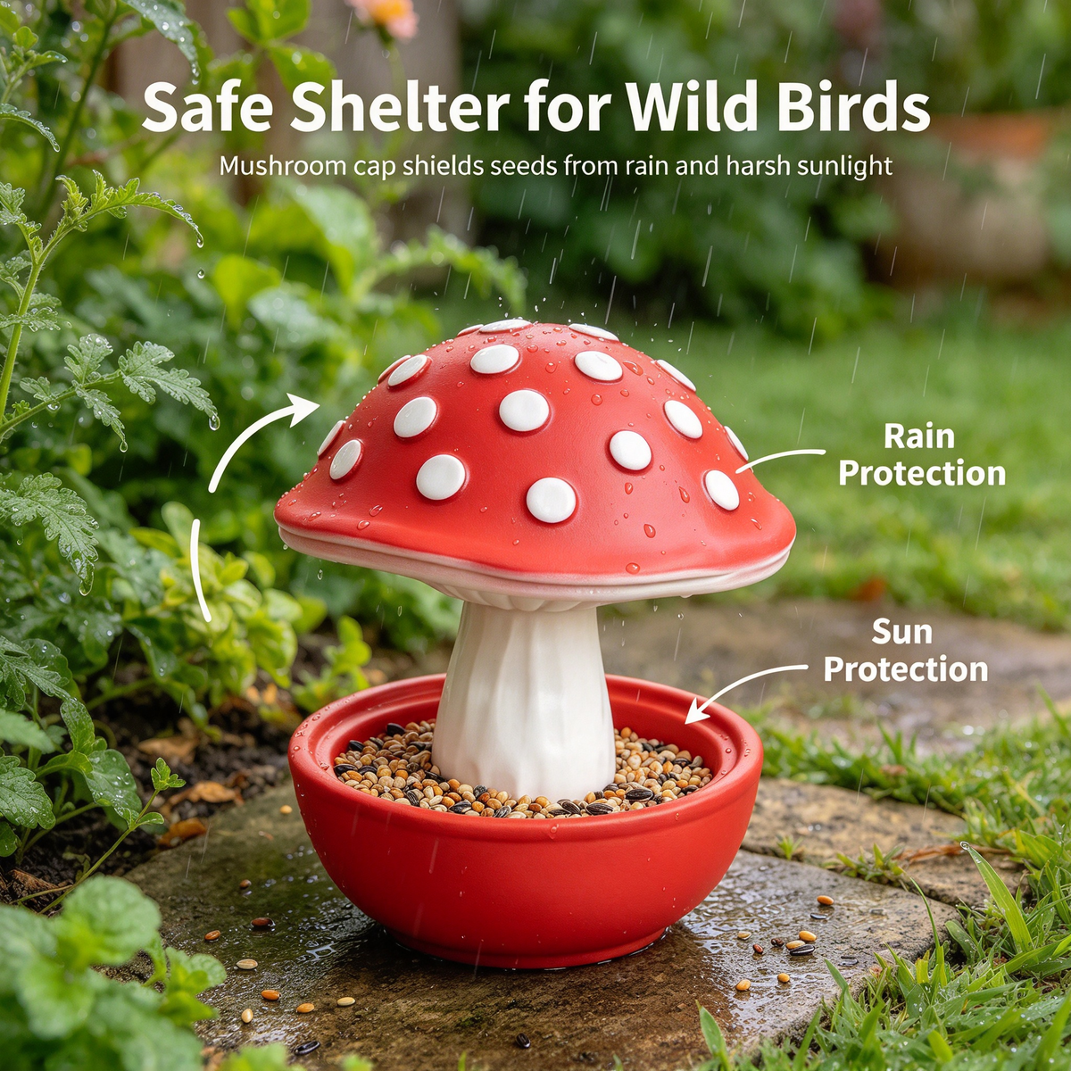 🍄 Mushroom Bird Feeder, Outdoor Garden Wild Bird Food Bowl