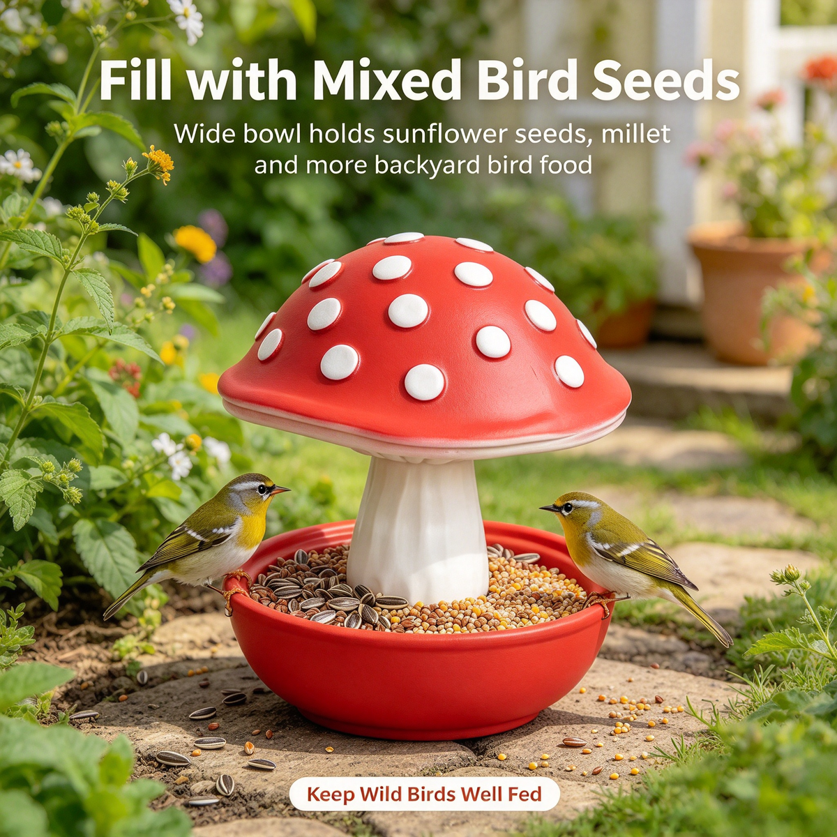 🍄 Mushroom Bird Feeder, Outdoor Garden Wild Bird Food Bowl