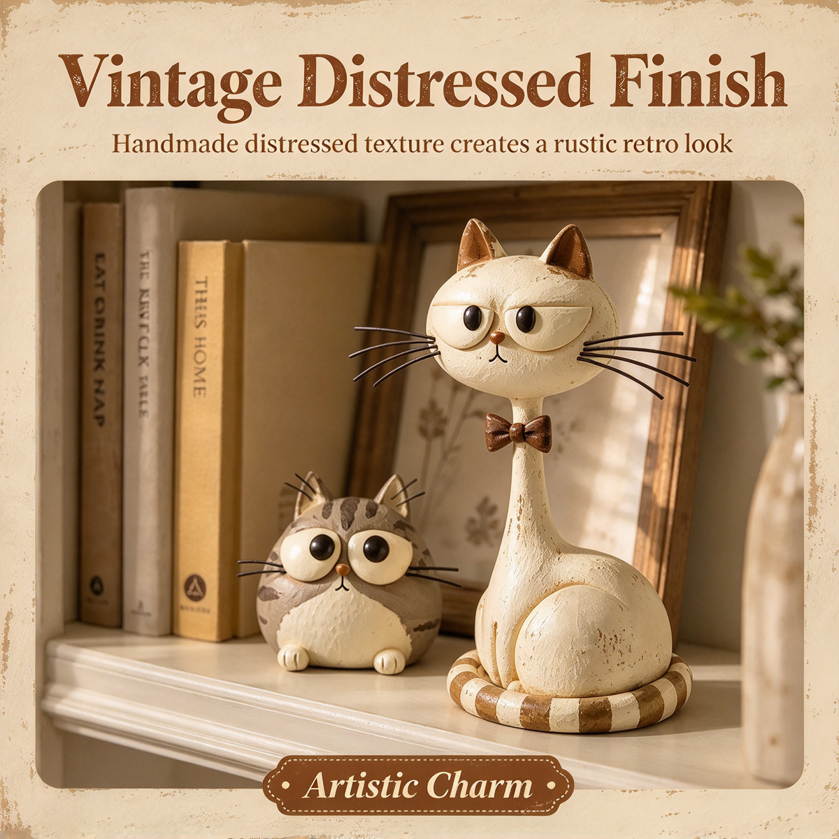 🪵 Rustic Distressed Cat Statue, Home Tabletop Decoration🐱