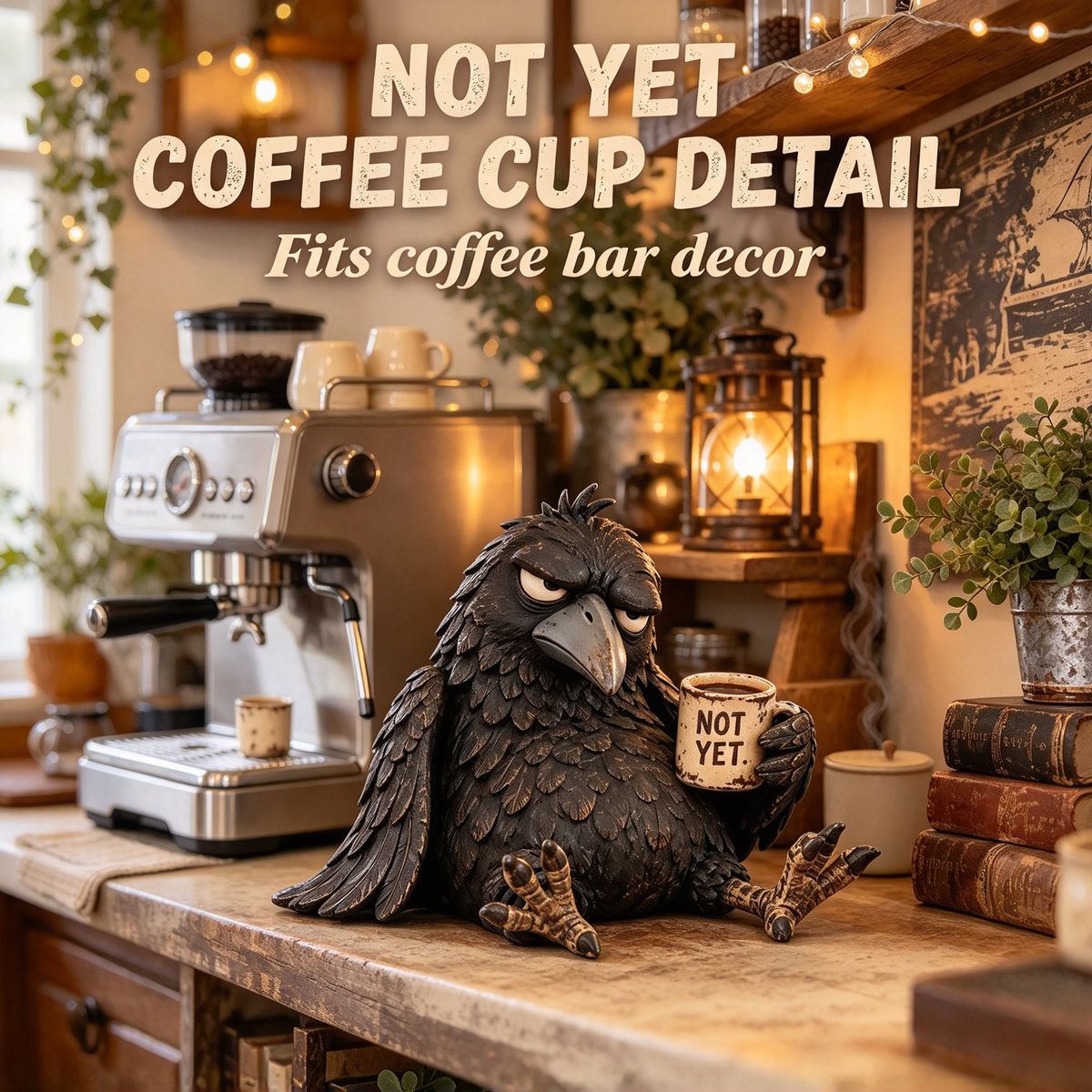 🖤 Grumpy Crow "Not Yet" Coffee Resin Decor Statue