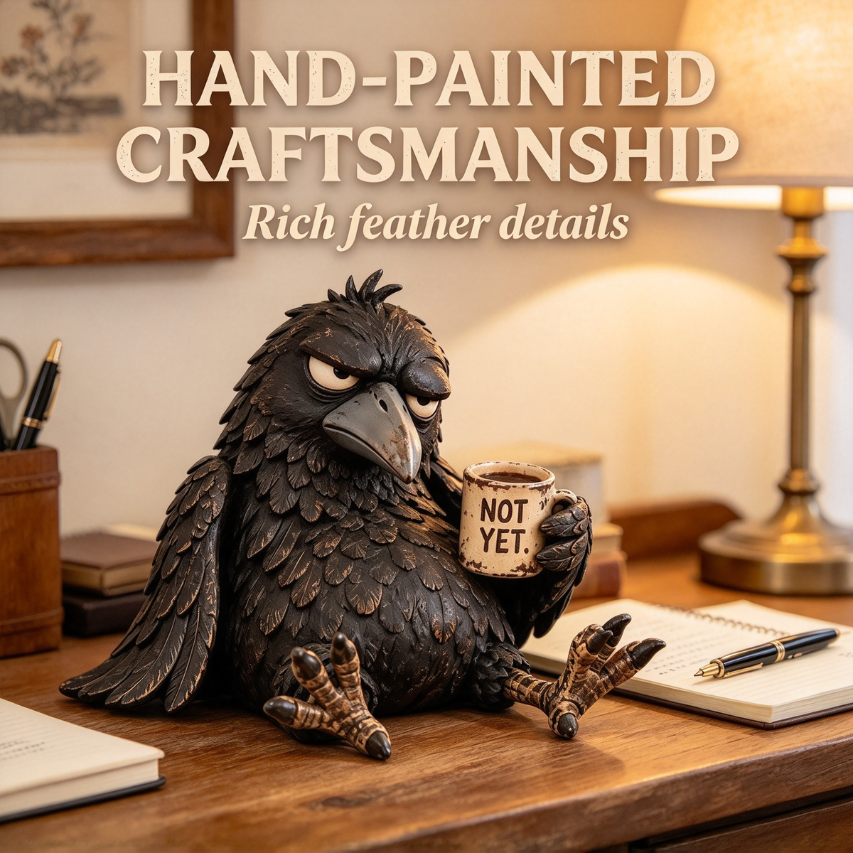 🖤 Grumpy Crow "Not Yet" Coffee Resin Decor Statue