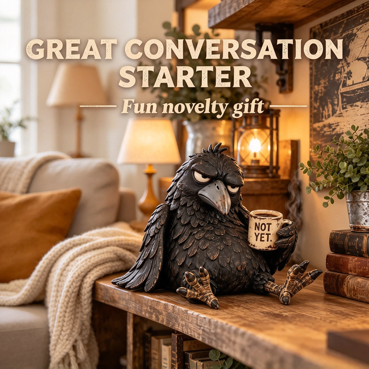 🖤 Grumpy Crow "Not Yet" Coffee Resin Decor Statue