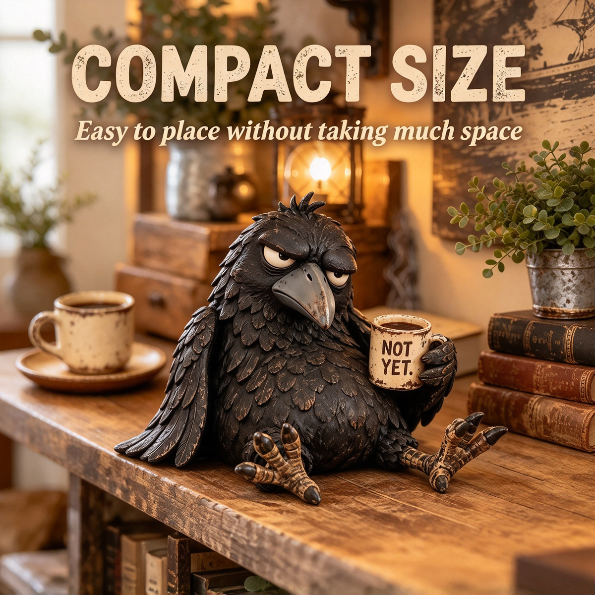 🖤 Grumpy Crow "Not Yet" Coffee Resin Decor Statue