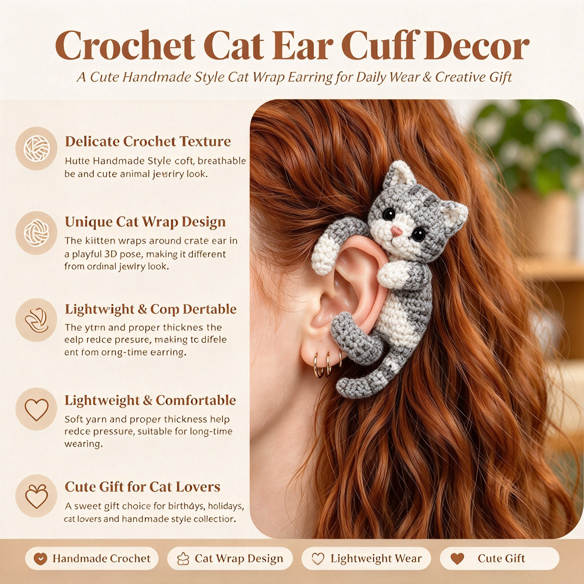 🐾 3D Hugging Animal Crochet Ear Cuff