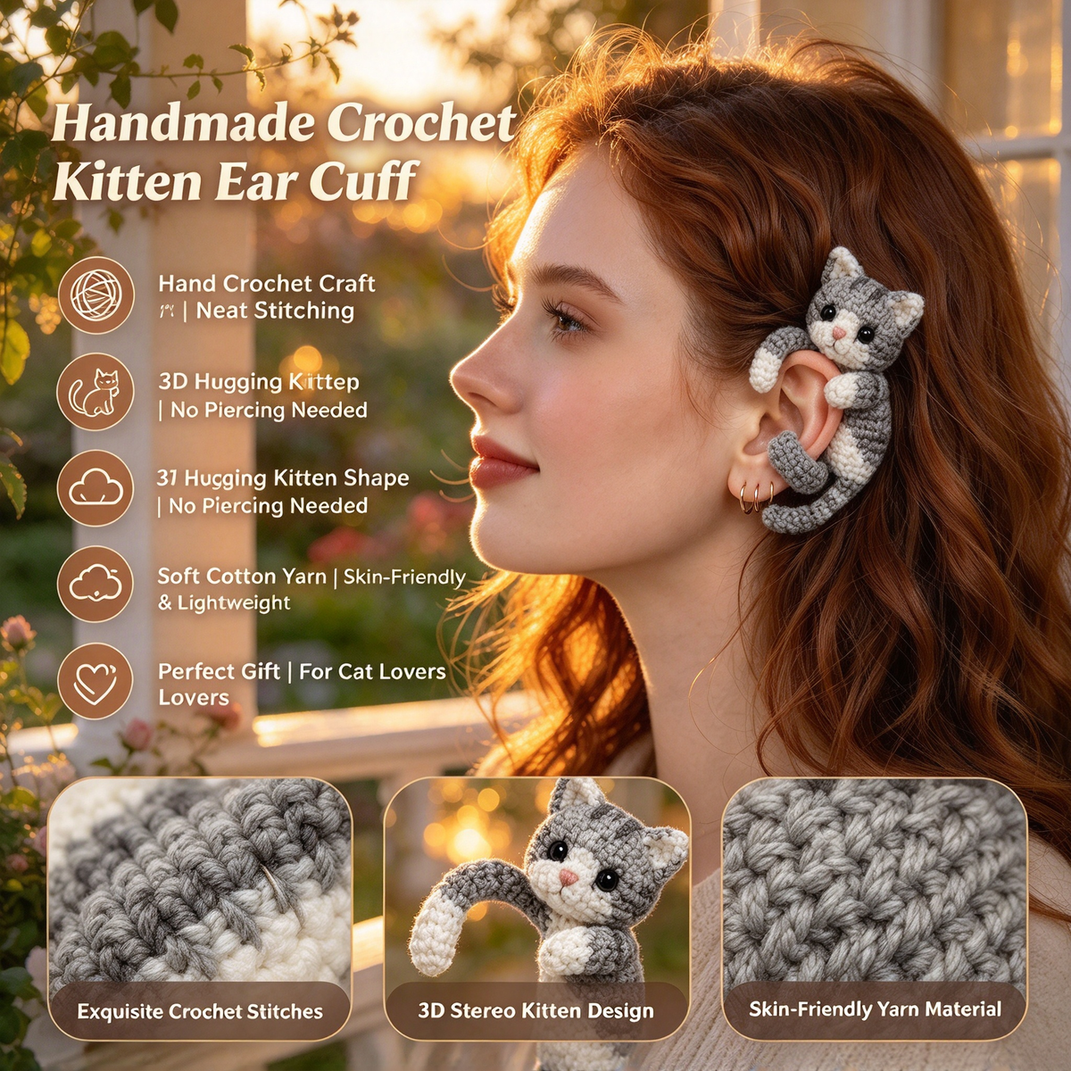 🐾 3D Hugging Animal Crochet Ear Cuff