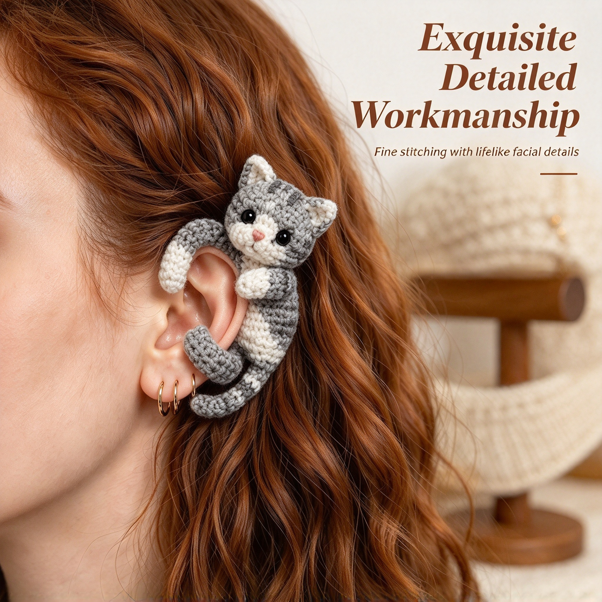 🐾 3D Hugging Animal Crochet Ear Cuff