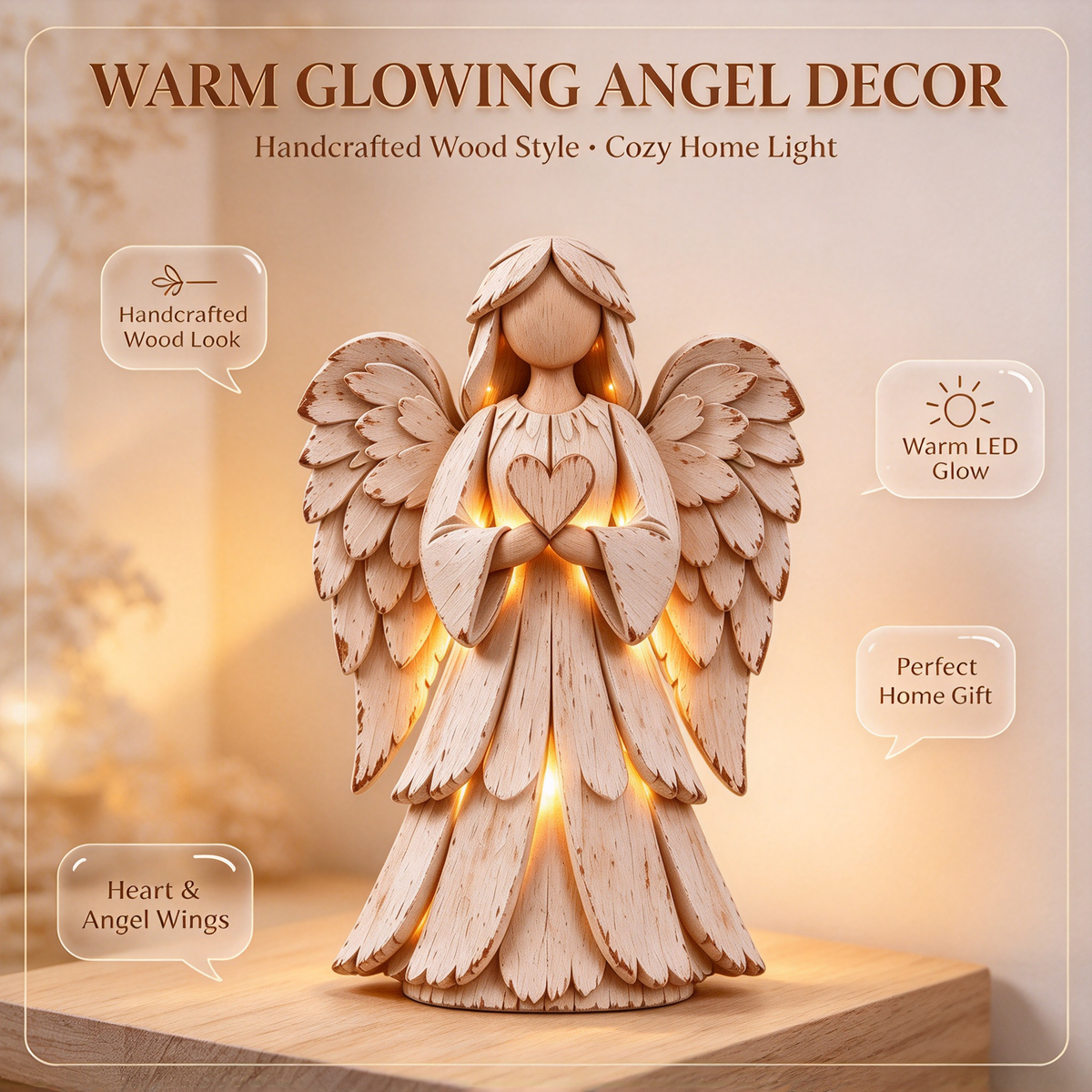 🕊️ Rustic Wood-Style Angel Figurine With Warm Ambient Light