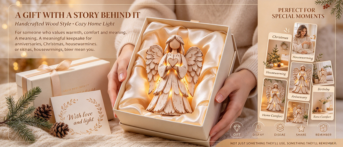 🕊️ Rustic Wood-Style Angel Figurine With Warm Ambient Light