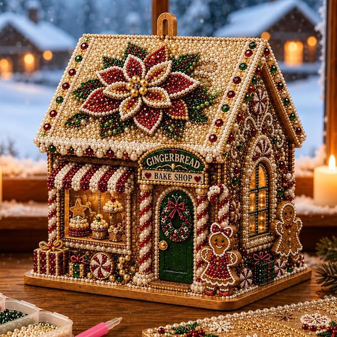 🎅3D Christmas House Pearl & Diamond Painting Kit – DIY Wooden Holiday Craft