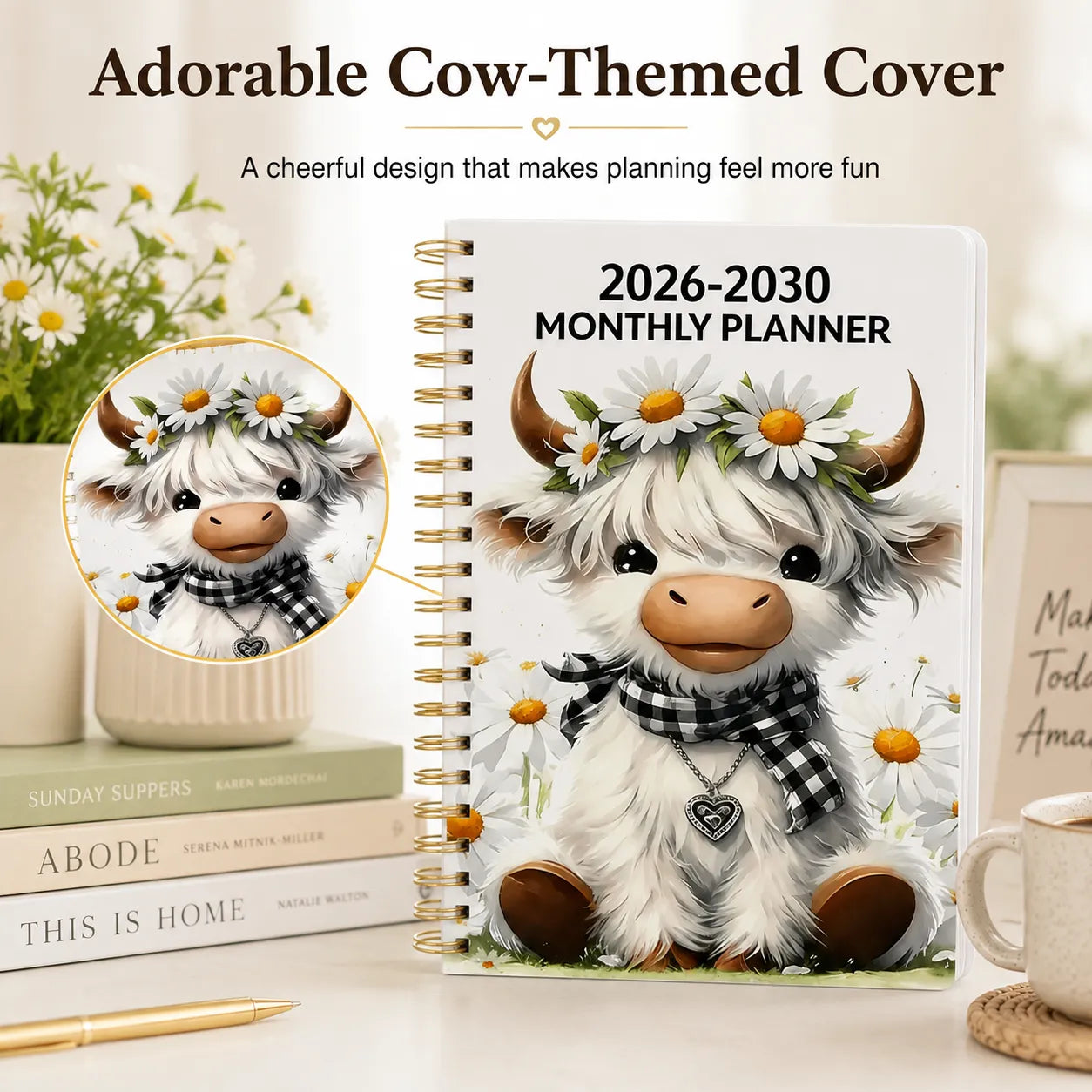 🐮  Cute Cow 5-Year Planner 2026–2030 | Monthly Organizer with Farmhouse Cover, Goal Tracking Pages & Long-Term Planning Layout ✨