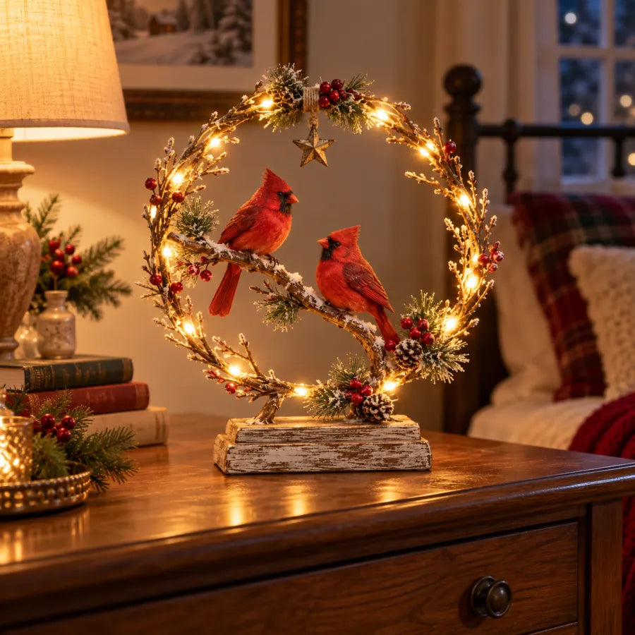 Warm LED illuminated cardinal wreath on a side table during a winter evening