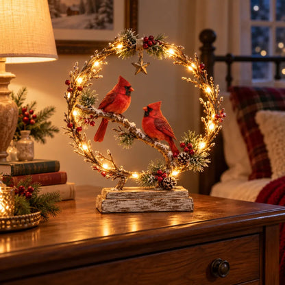 🔥🎁Lighted Cardinal Tabletop Decor, Rustic Red Cardinal Pair with Warm LED Lights