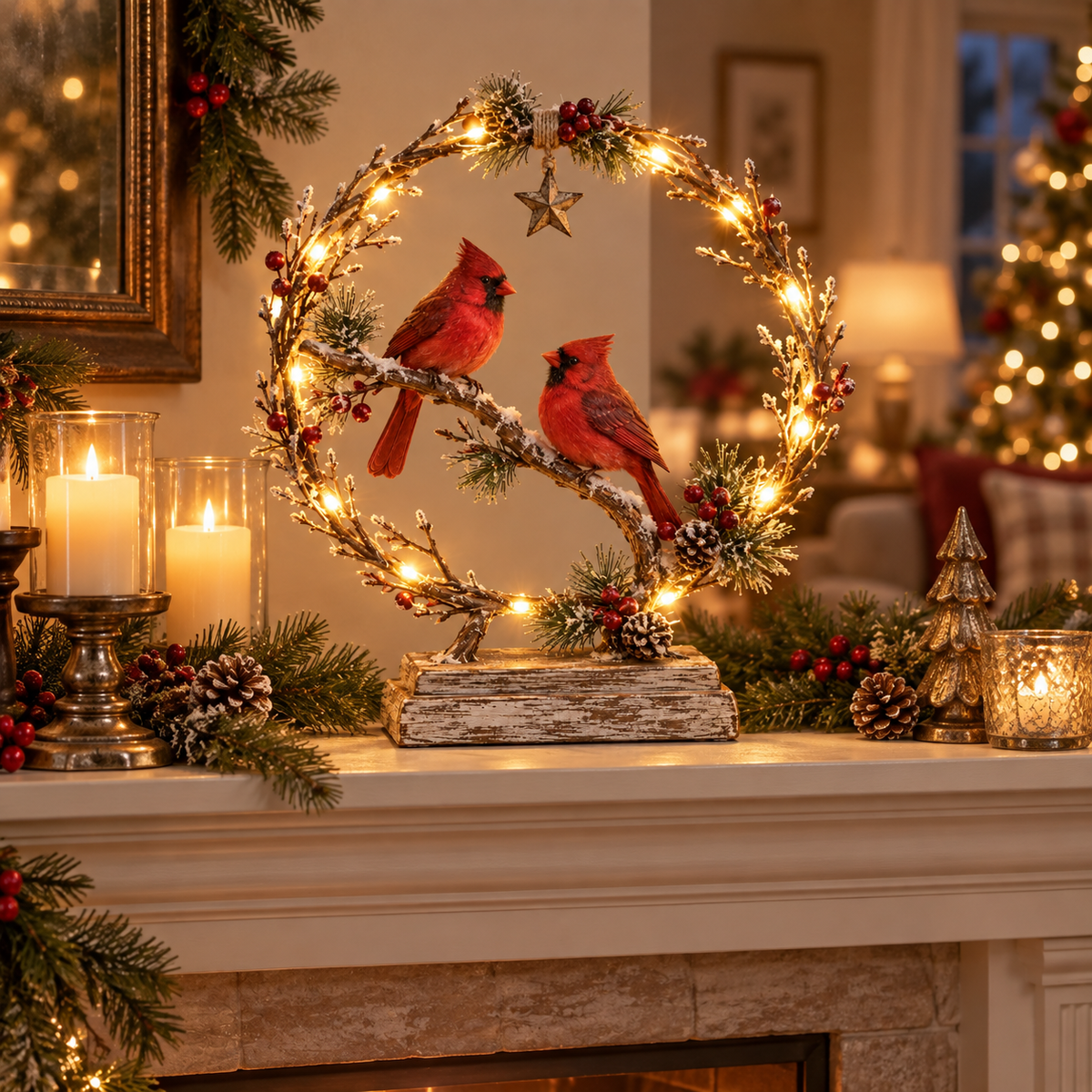 Two red cardinals on a glowing woodland wreath with rustic wooden base