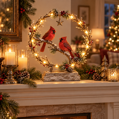 🔥🎁Lighted Cardinal Tabletop Decor, Rustic Red Cardinal Pair with Warm LED Lights